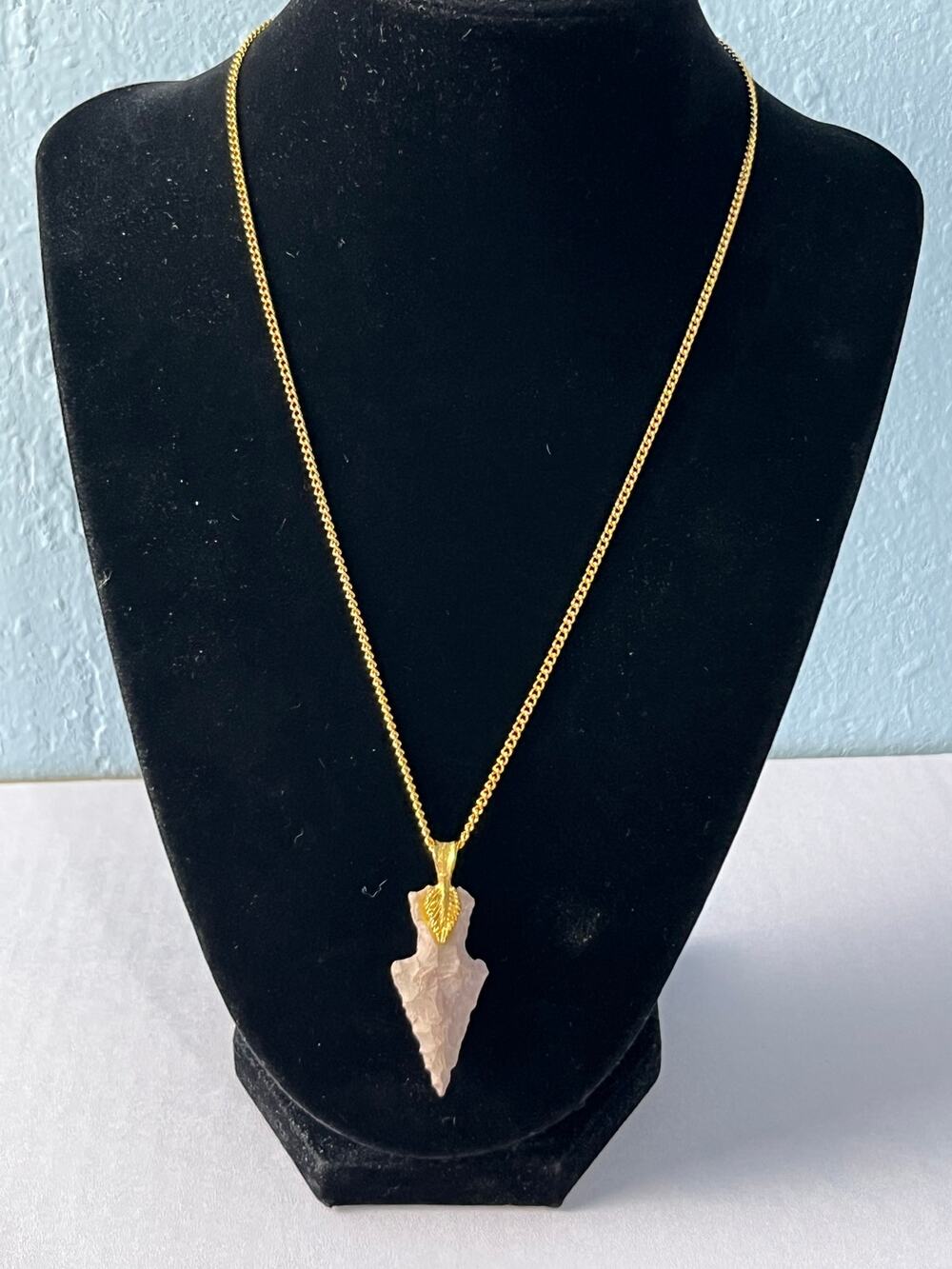 Stone Arrowhead Pendant Necklace Gold Tone Chain Boho Rustic Primitive Style